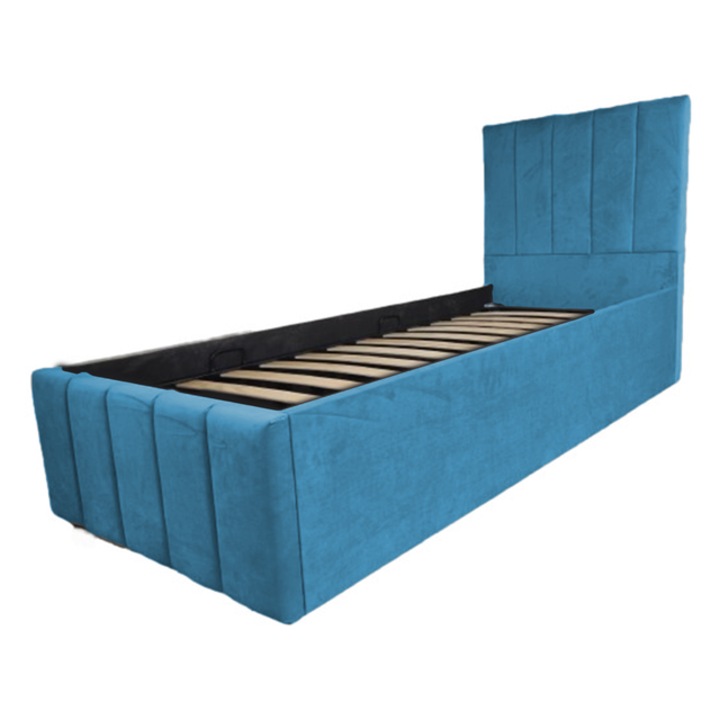 Pat dublu tapitat Confort Plus, 190/120 cm, turcoaz, cu somiera metalica rabatabila si spatiu de depozitare