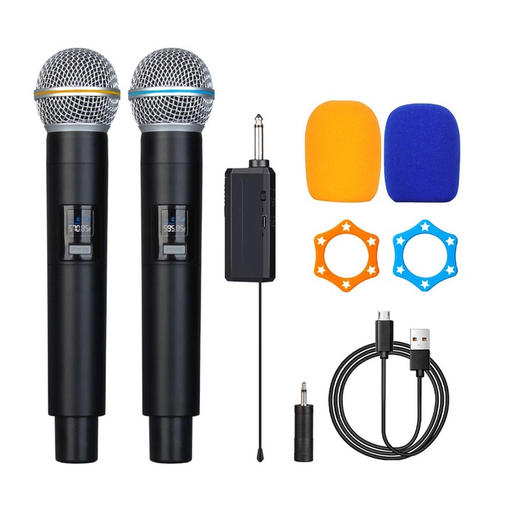 Безжичен микрофон, Кардиоиден, UHF Dynamic, Plug and Play, за конференции, Караоке, Излъчване, с LED дисплей, стабилен сигнал, Лесен за свързване, мултифункционален, OUYLAF, черен
