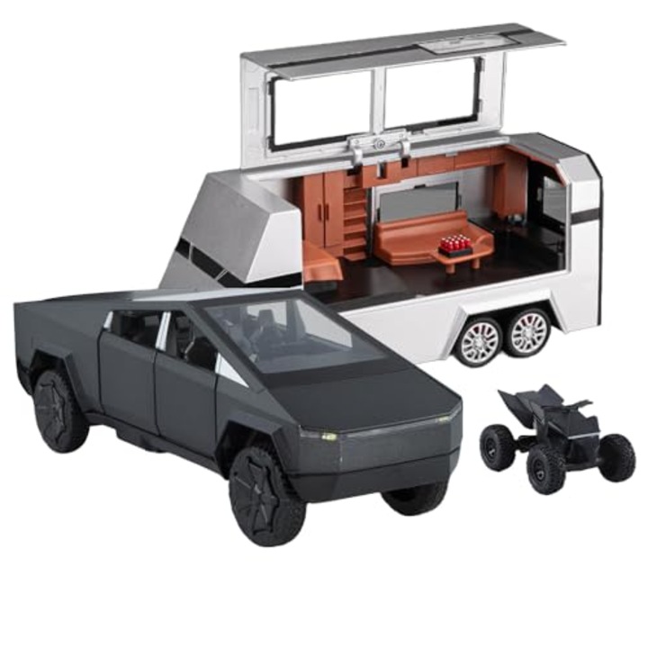 3 az 1-ben játékautó készlet, Tesla cybertruck modell, fém teherautó, leszerelhető lakóautó, terepmotor, többszínű, 1/32