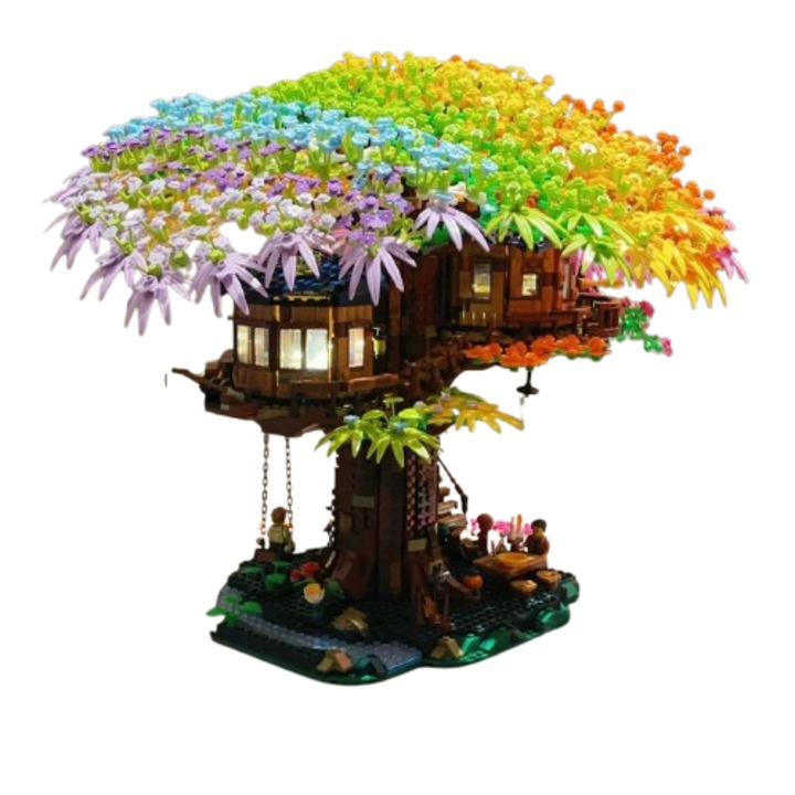 OEM Építőkészlet, faház cseresznyevirággal és szivárvánnyal, 2879 db, minden korosztály számára, többszínű