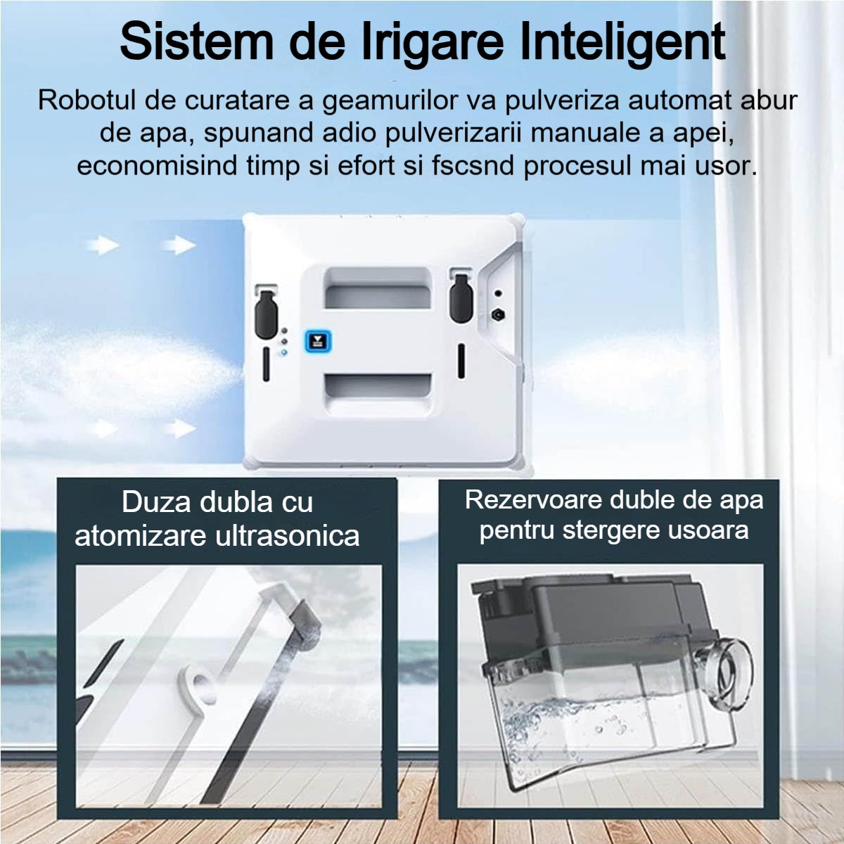 Robot Curatare Geamuri, Fudisenn®, Poate fi actionat de la distanta, tehnologie duala de pulverizare, sistem anti-urme si control inteligent, 3000Pa, Alb