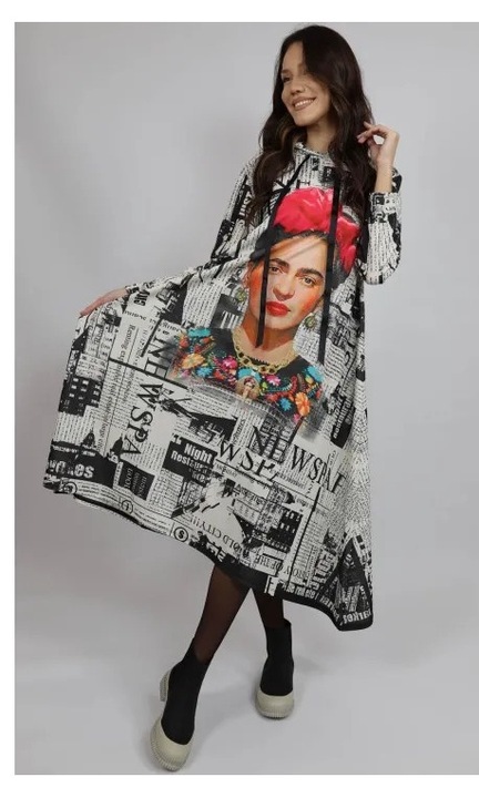 Rochie maxi cu maneca lunga asimetrica city fryda multicolora, Multicolor, One Size