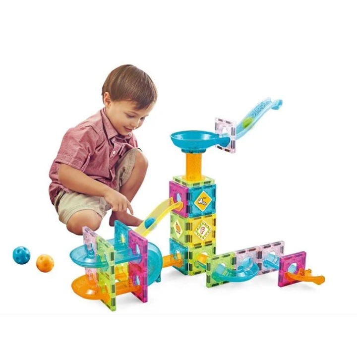 Set 64 cuburi magnetice pentru constructii, cutie pastrare, Joc Creativ si Educational pentru Copii