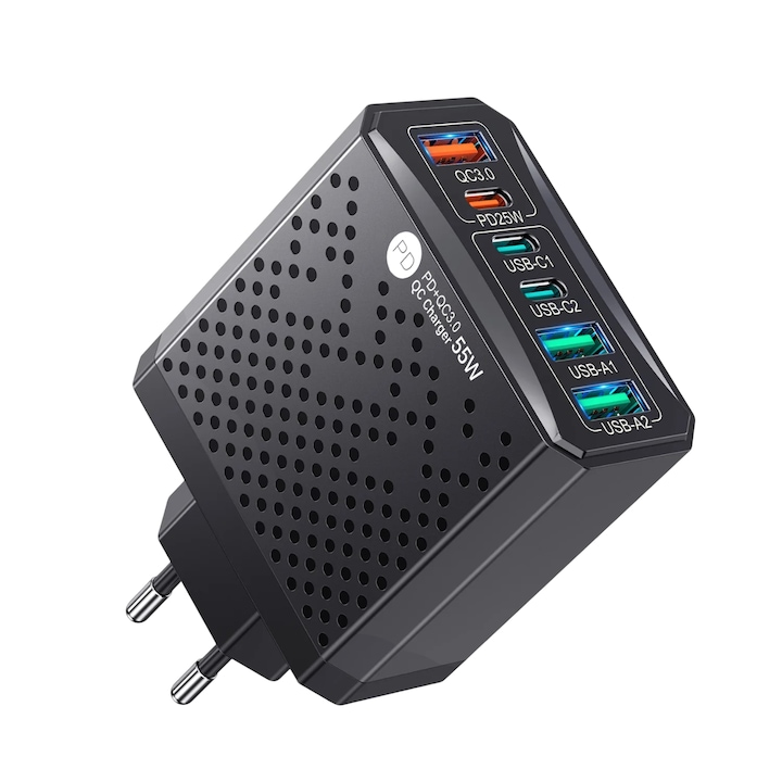 Többportos gyorstöltő 6 porttal: 1xPD, 1xQC 3.0, 2xUSB Type-C, 2xUSB-A ideális olyan eszközök gyors töltéséhez, mint például laptopok, mobiltelefonok és táblagépek rövidzárlat-, túlfeszültség- és túltöltés-védelemmel, PC és ABS anyaggal