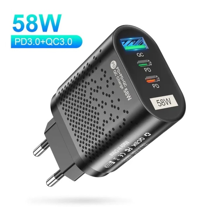 Többportos gyorstöltő 3 porttal: 2xPD 20W, 1xQC 3.0 18W, ideális olyan eszközök gyors töltésére, mint például laptopok, mobiltelefonok és táblagépek rövidzárlattal, túlfeszültség- és túltöltésvédelemmel, PC és ABS anyaggal