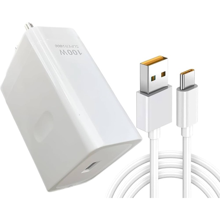 SuperVooC USB 100W töltő Realme-hoz, 10A USB-USB-C 1M kábel mellékelve, gyorstöltés, háromszoros védelem, fényes fehér