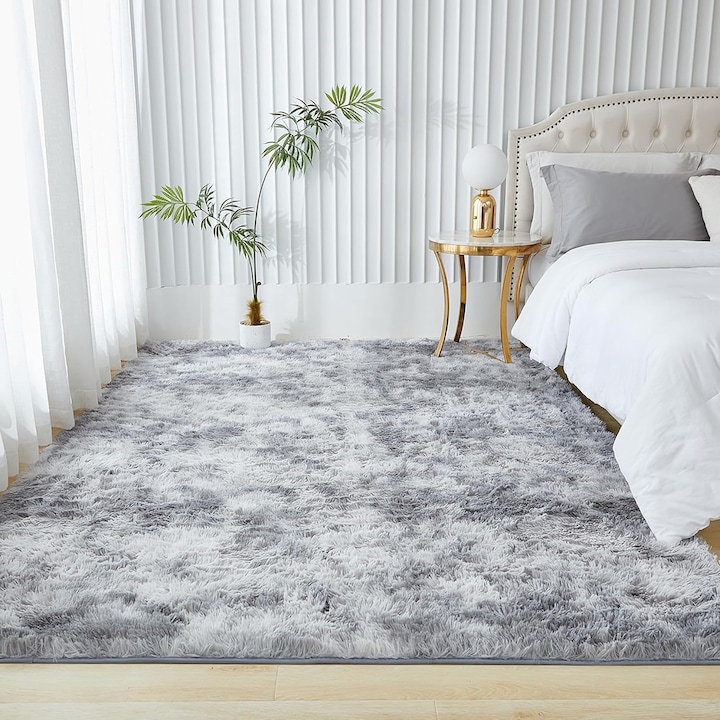 Covor pufos moale, RorAem, cu Covor shaggy, cu Covor antiderapant modern, gri deschis, 160x200cm, ultra moale, antiderapant, material poliester, pufos si modern, design dreptunghiular si stilat, compatibil multiple spatii si stiluri