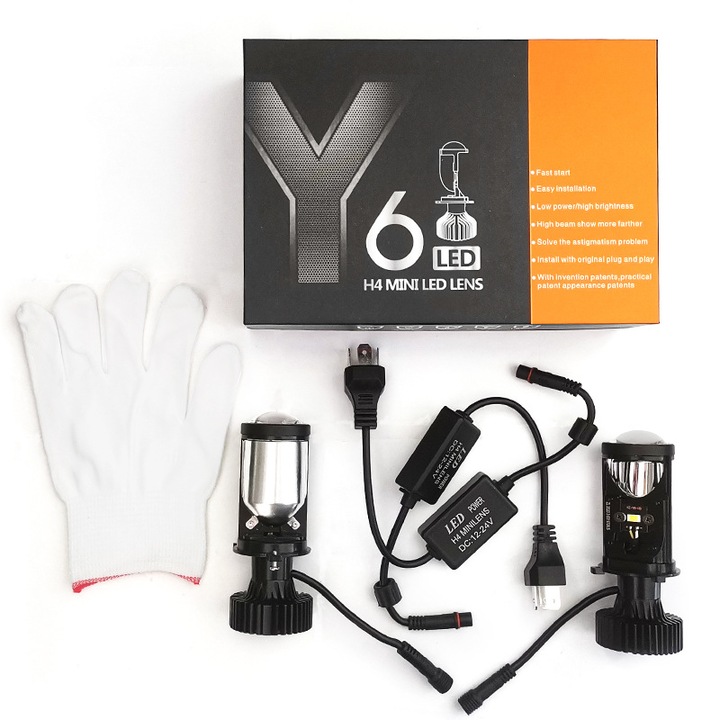 Autólámpa, Y6D-H4 lencse, fekete, használható autókon, motorkerékpárokon, teherautókon stb., nevetségesen fényes fókusz, kis méret, beszerelés elvesztéséhez, 30%-kal több fény, 300%-kal több fény, hatótáv ≈ 800M