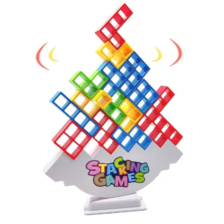 Joc de societate tip Tetris, constructie si echilibrare, AjieQaQ, 48 de piese, pentru copii si adulti, 2-4 jucatori, varsta 3+, plastic, multicolor