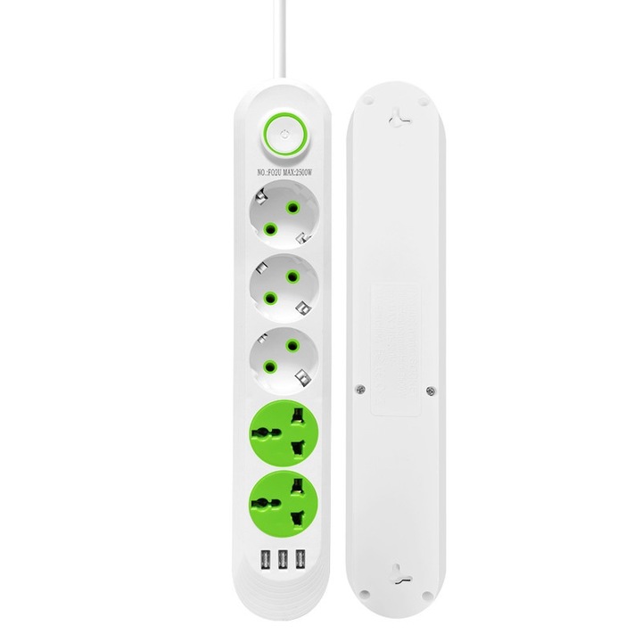 Hosszabbító készlet 5 aljzat, SHEFEITE, 3 USB port, Type-C gyorstöltés, 5 m, fehér