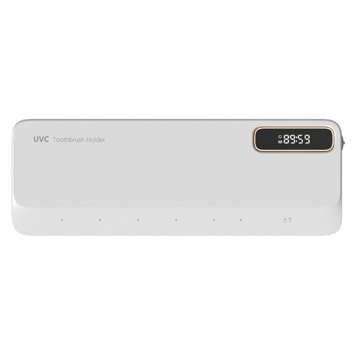 Suport inteligent periuta de dinti cu sterilizare UV si uscare, Rqiurpn, 7 Fante, Reincarcabil USB Type-c, UVC sterilizare, afisaj digital, montare pe perete, Design Modern and Elegant, Alb