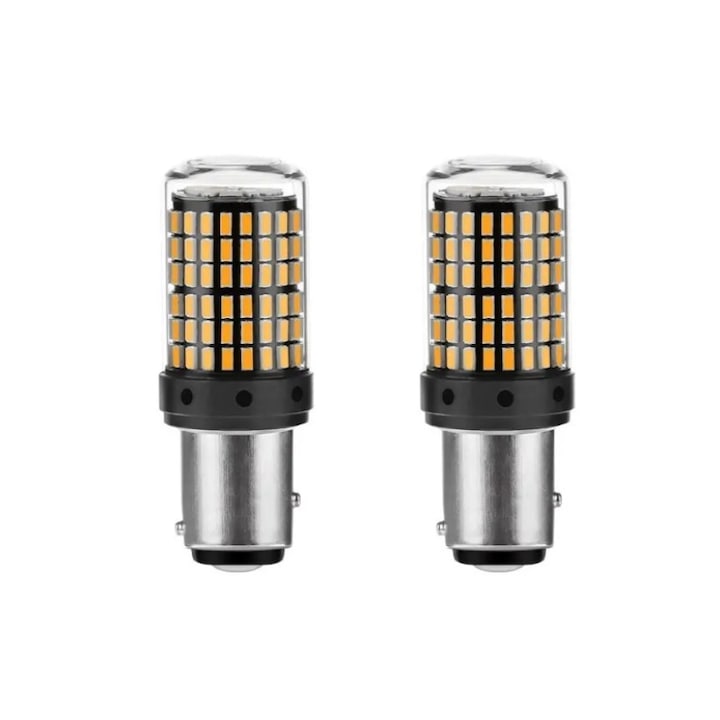 Set 2 becuri auto led BAY15D 1157/P21/5W, 144LED SMD, lumina galbena cu 2 faze, semnalizare, BZRSH