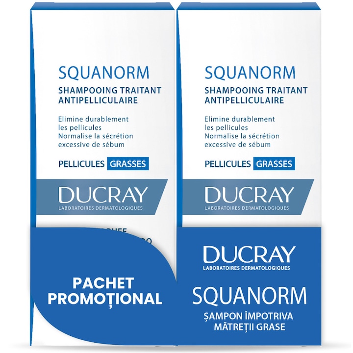Комплект Ducray Squanorm: Шампоан против пърхот и омазняване, 2х200 мл