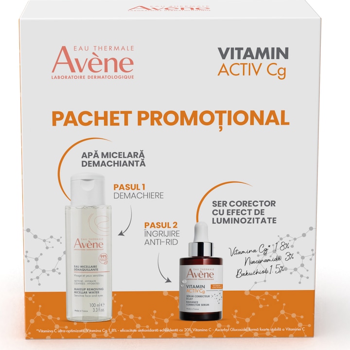 Комплект Avene Vitamin Activ Cg: Коригиращ серум с ефект на блясък 30 мл + Мицеларна почистваща вода, 100 мл