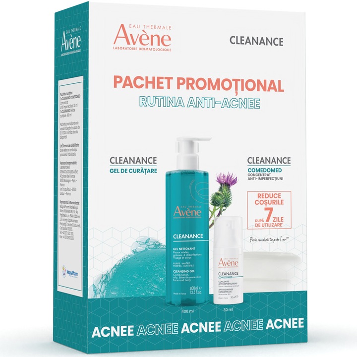 Комплект Avene Cleanance: Комедомед концентрат против несъвършенства за кожа, склонна към акне 30 мл + Почистващ гел за мазна за кожа, склонна към акне 400 мл