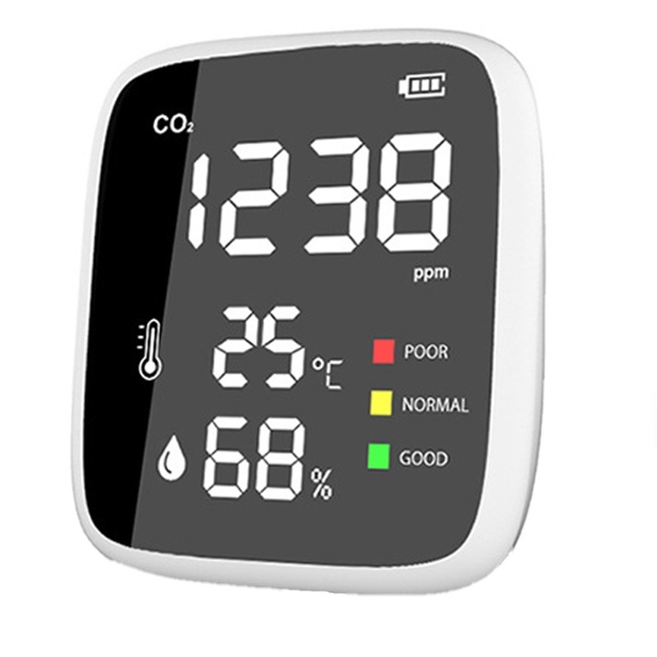 Levegőminőség monitor 3 az 1-ben funkciók, Rqiurpn, CO2 szén-dioxid érzékelő, hőmérséklet, páratartalom, USB újratölthető, hordozható, ABS, fekete/fehér