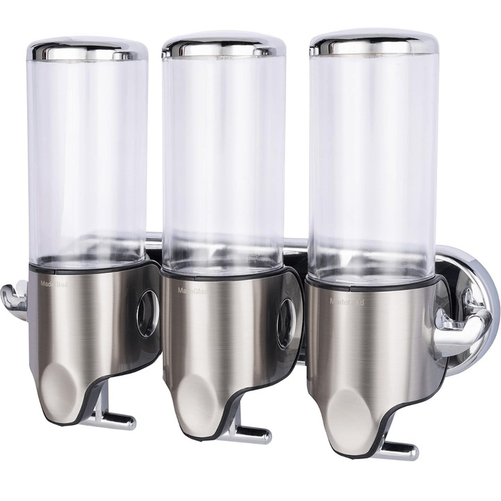 Dozator Triplu de Sapun, Sampon si Balsam, Instalare Fara Gaurire, Montat pe Perete – Organizator Reincarcabil cu 3 Sticle de 450 ml, din Otel Inoxidabil, cu Carlige Duble pentru Accesorii de Baie – Dasbo®