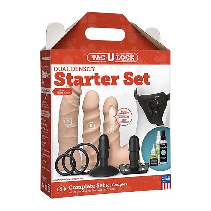 Set jucarii strap-on Vac-U-Lock, 3 accesorii ULTRASKYN, lubrifiant, 5,5-6-7 inchi
