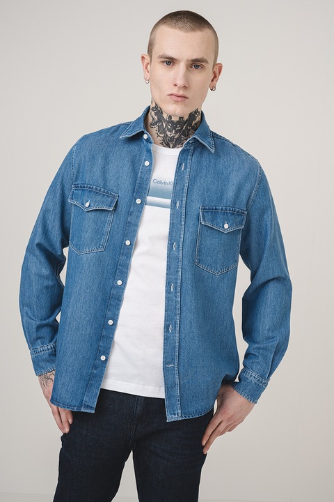 Tommy Hilfiger, Camasa uni regular fit din amestec de lyocell, Albastru melange, L