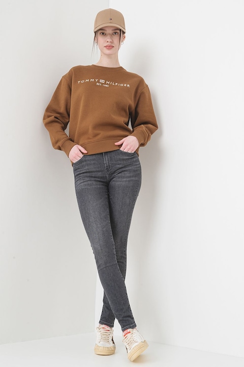 Tommy Hilfiger, Bluza de trening cu imprimeu logo si decolteu la baza gatului, Maro