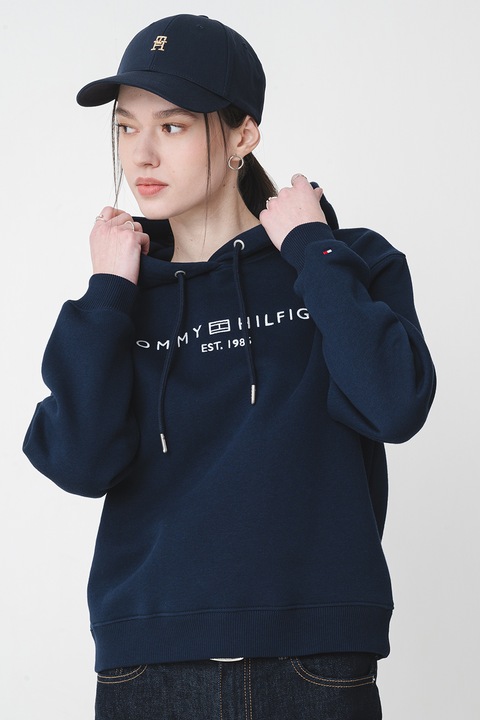 Tommy Hilfiger, Hanorac lejer cu snur de ajustare si broderie logo, Bleumarin, M