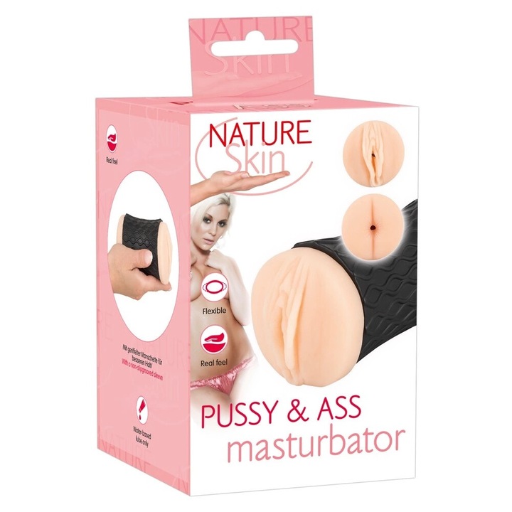 Masturbator 2in1 Nature Skin, culoare piele, 14,3cm, cu doua deschideri