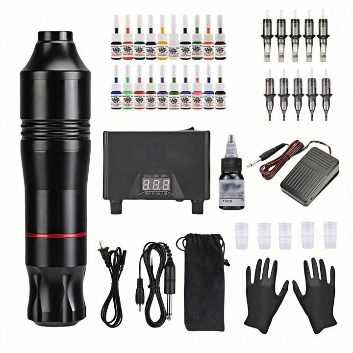 Set de masina de tatuat, Wacorresi, masini rotative de tatuaj cu 1 pen rotativ, 10 ace, 20 culori, 20 cerneala*5ml, 9 cupe cerneala, Portabil, viteza 10000 RPM, functioneaza mult timp, design ergonomic, Potrivit pentru incepatori, profesional，Negru