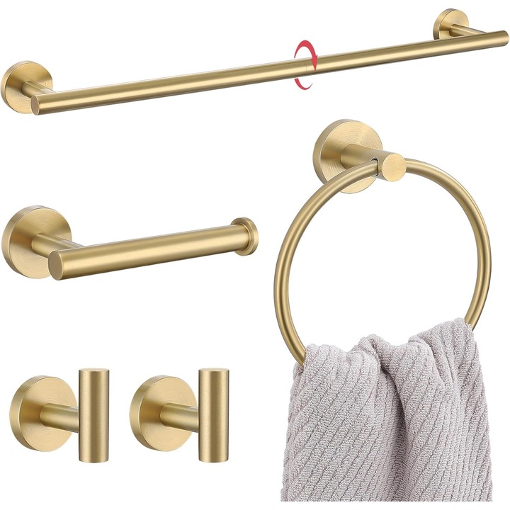 Set 5 Carlige tip Cuier de Baie, Wacorresi, accesorii baie cu bara pentru prosoape/suport pentru role de toaleta/inel pentru prosoape de mana/suport pentru halat, montare pe perete, inox, Aurie