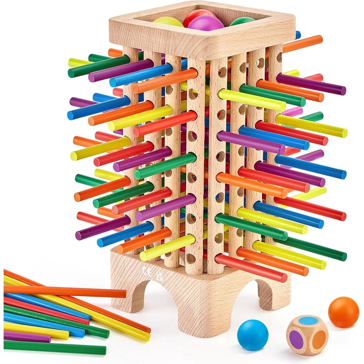 Jucarie Educativa Montessori Din Lemn, Wacorresi, Jucarie Educativa Senzoriala Montessori cu 42 bete colorate si zar, Mingi Mici, pentru Baieti Si Fete, pentru 3-6 ani, Multicolor