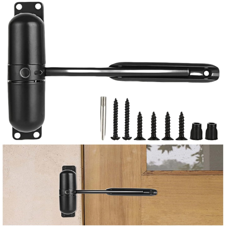 Amortizor Usa cu Arc Ajustabil, Wacorresi, ajustabil, Universal, Inchidere Automata, Amortizor cu brat din otel inoxidabil, silentioasa, pentru usi metalice si din lemn, negru