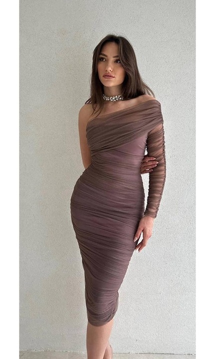 Дамска рокля, елегантна, Suzzy, асиметрична, с Umar Gol, кафява, S/36