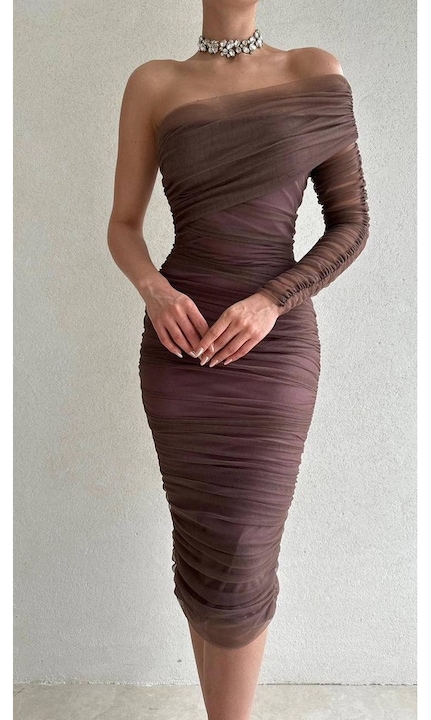 Дамска рокля, елегантна, Suzzy, асиметрична, с Umar Gol, кафява, S/36