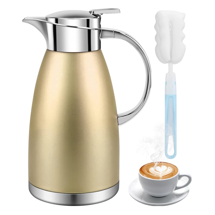 Termos Wacorresi, carafa termica cu otel inoxidabil, pereti dubli cu o zona de vid, pentru bauturi calde sau reci, Pereti dublii izolati in vid 24h, capacitate 1.8L, Auriu