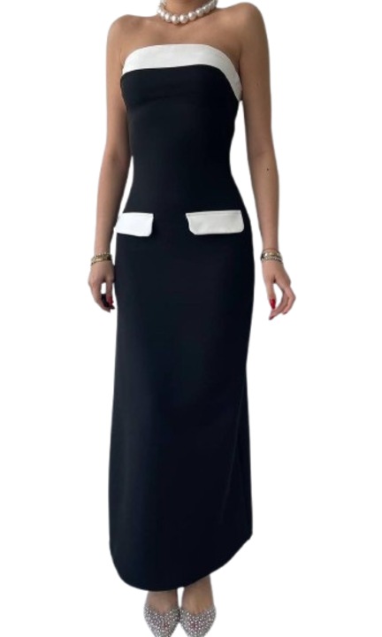 Дамска дълга рокля, класически стил, рози, без презрамки, черно и бяло, размер L/40