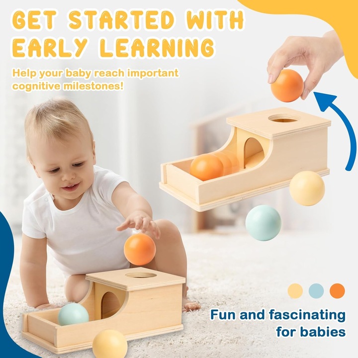 Montessori Object Permanence Doboz, Wacorresi, szett 1 dobozzal és 3 labdával, fából, 6-12 hónap