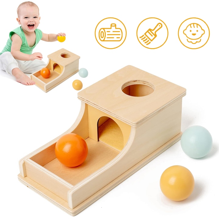 Cutie Montessori pentru Permanenta Obiectelor, Wacorresi, set cu 1 cutie si 3 mingi, din lemn, 6-12 luni