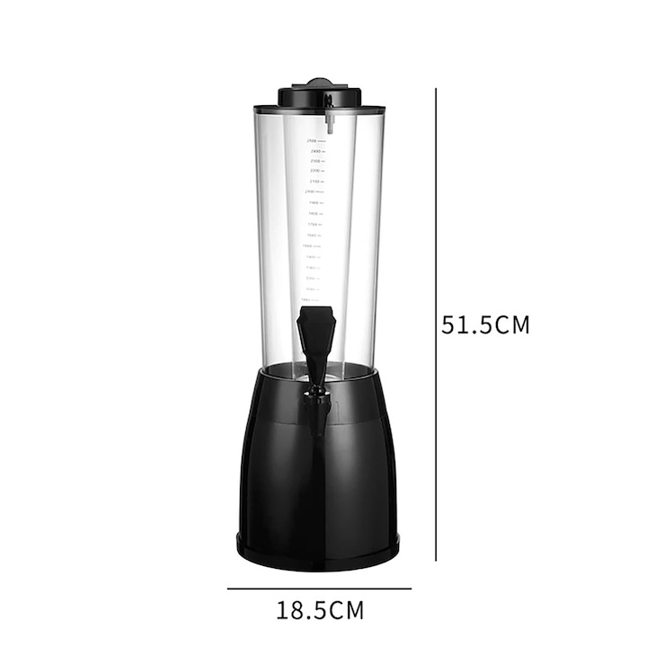 Dozator de bere Morovan, 2.5L, negru, 18.5x51.5cm, recipient transparent cu tub pentru racire