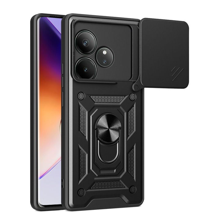 Husa telefon pentru Realme GT6 5G, Slide Camera Lens Cover, 360 Rotating Kickstand Ring, suport montare magnetica, neagra