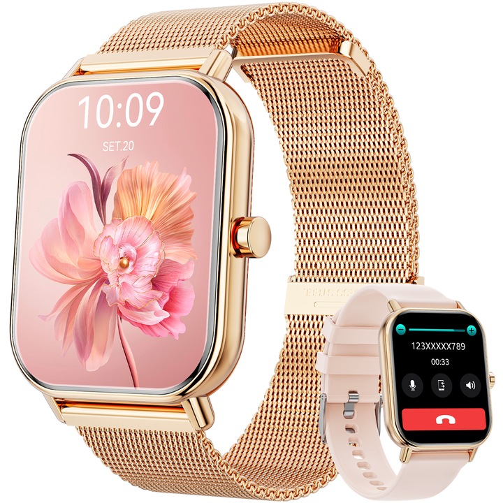 Okosóra, Carkira, Model G39, 1,85 hüvelykes kijelző, Intelligens üzenetek, Vízálló, Bluetooth hívás, 100+ edzésmód, Fitness Tracker, Pulzusszám, Alvásfigyelő, Zenelejátszó, Többnyelvű, Lépésszámláló, Arany