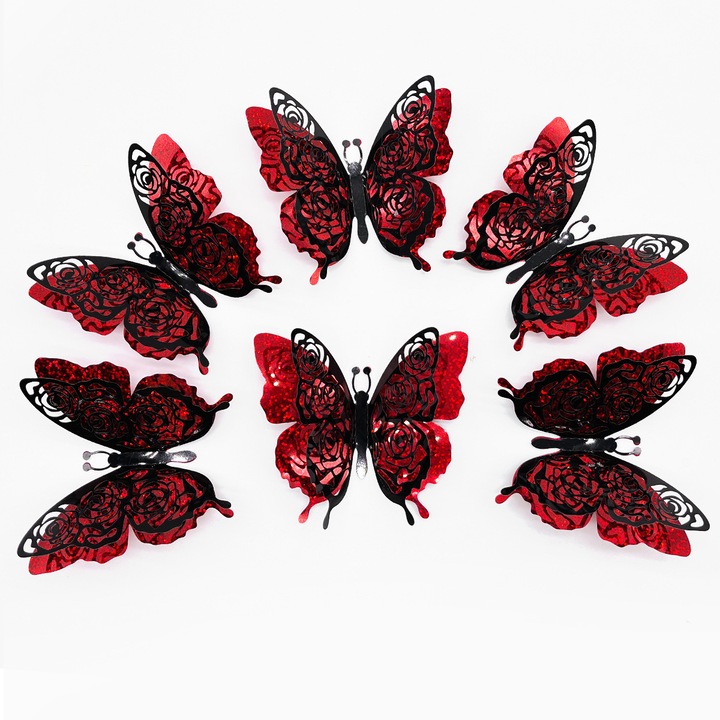 Комплект от 6 декоративни 3D червени пеперуди стикери за стена, Feicaeesa, самозалепващи се, 15x14 см