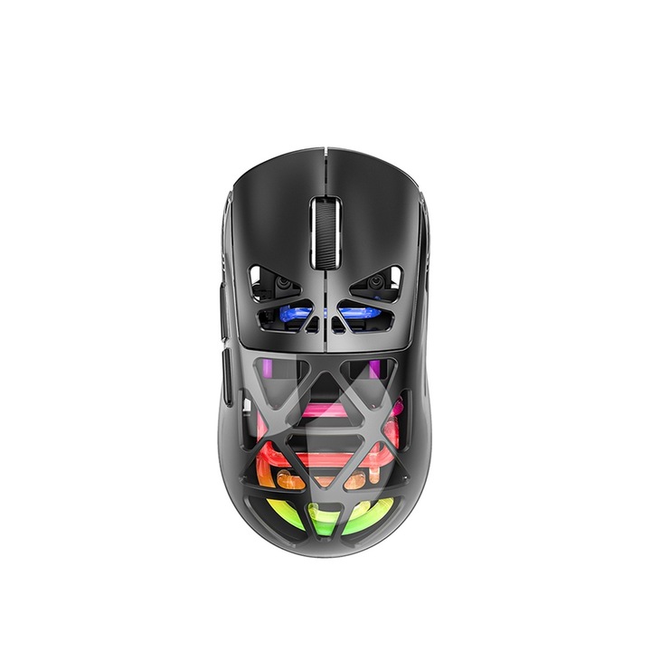 Mouse de gaming wireless, 3 moduri de conectare, design clar al carcasei tip fagure, 5 niveluri DPI, negru, 5 lumini RGB