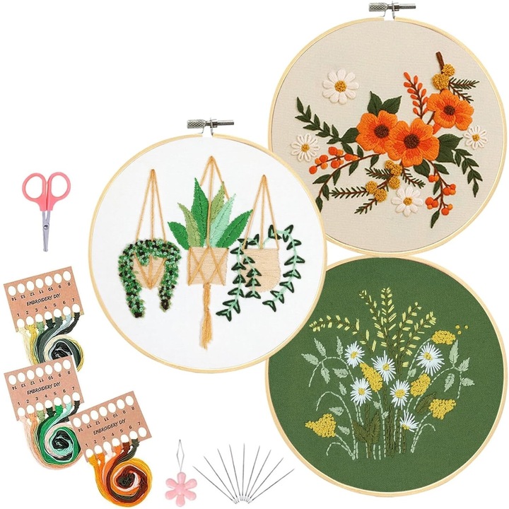 Set de broderie florala cu 3 piese, pentru incepatori adulti, include modele de plante brodate manual si instructiuni, include cerc de brodat, ate si ace