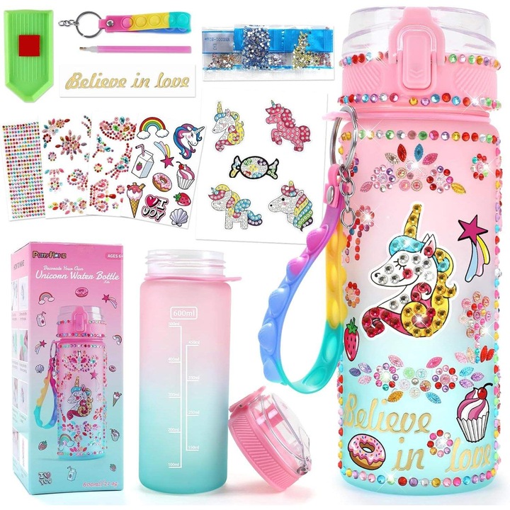 Set de artizanat pentru sticla de apa pentru copii, cu breloc din cristal 3D, abtibilduri cu unicorni/fluturi/desene animate/bijuterii, 600ml, potrivit pentru scoala, fete cu varsta intre 4-10 ani
