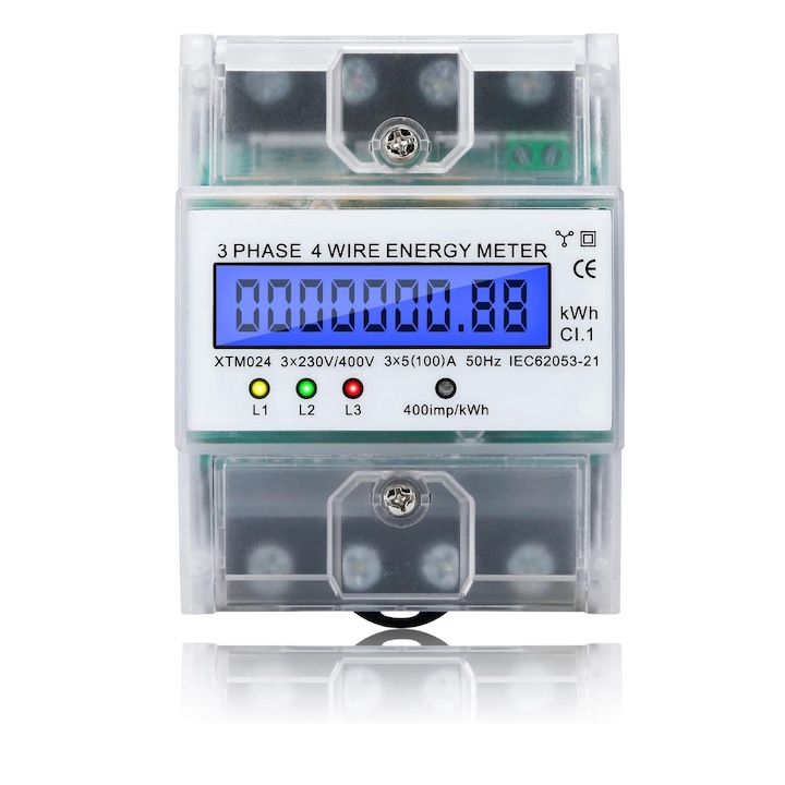 Електромер, трифазен електромер, DIN шина 230/400 V, 5-100 A, дигитален електромер, трифазен електромер, калибриран трифазен електромер с 4 проводника за системи за измерване на мощност, WALALLA