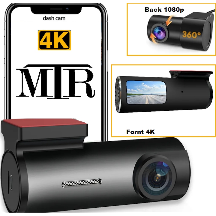 Camera auto de bord 4K+ spate 1080P cu ecran 1.5Inch, WiFi DVR, Night Vision, 170°, aplicatie dedicata, G-sensor si monitorizare parcare + incarcator bricheta