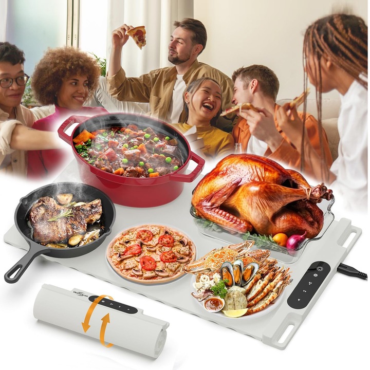 Tava electrica de incalzire, suport electric de incalzire pentru alimente, pentru incalzit mancarea, tip pad, 3 setari de temperatura si temporizator de 3 ore, design pliabil, portabila, pentru/birou/acasa, gri