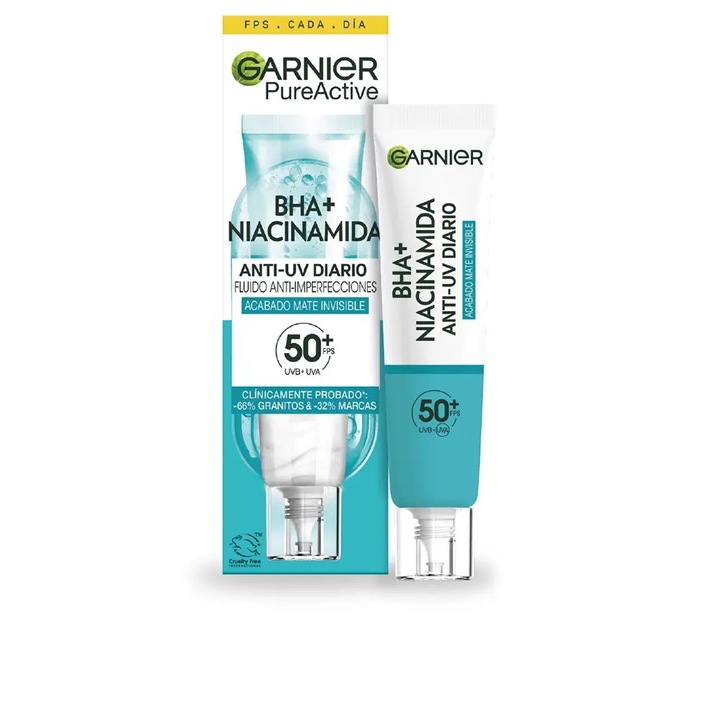 Tratament facial hidratant pentru acnee si puncta negre cu protectie solara, Garnier Pure Active Bha SPF50+, 40 ml