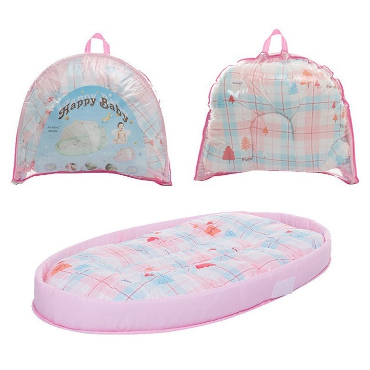 Бебешко гнездо Mixbo за бебе, с мрежа против насекоми, за пътуване, текстил, розово