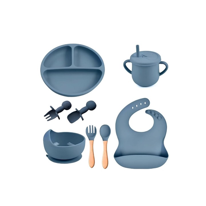 Evőkészlet babaetetéshez Baby Dining Kit Doty®, nem mérgező, biztonságos és hatékony szilikonból, 2 készlet evőeszköz, tányér, tál, előke és csésze szívószállal, csúszásmentes, kék
