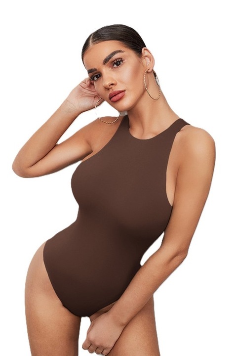 Body Dama, Bodysuit Tip Maieu, Solida, Croiala Slim-Fit, Maro deschis